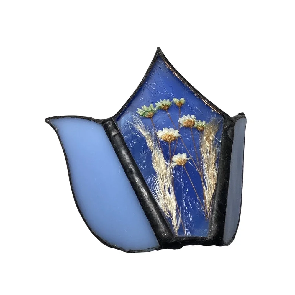 Handmade Stained Glass Dragonfly Holder and Pressed Flower Tulip Set Blue White